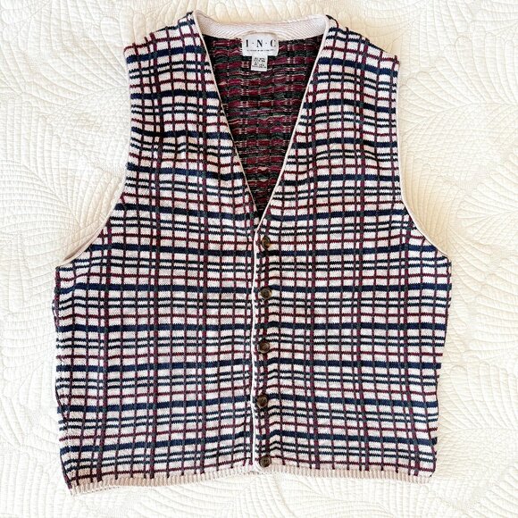 Vintage Men's 100% Cotton Plaid Grandpa Sweater Vest by INC Size L - Picture 1 of 10